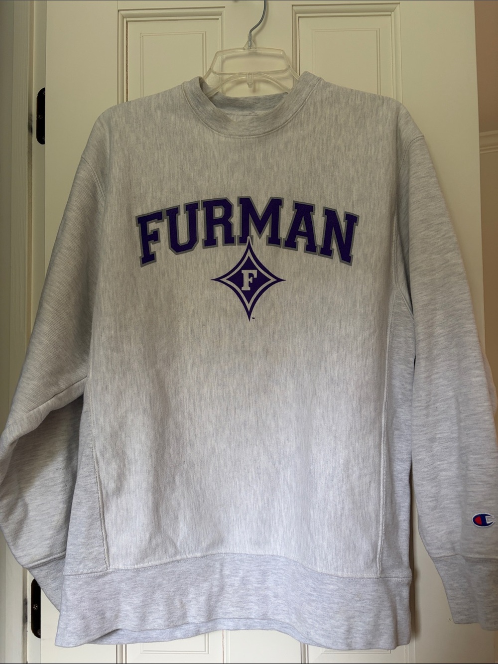Champion Gray Crewneck with Purple Furman Logo
